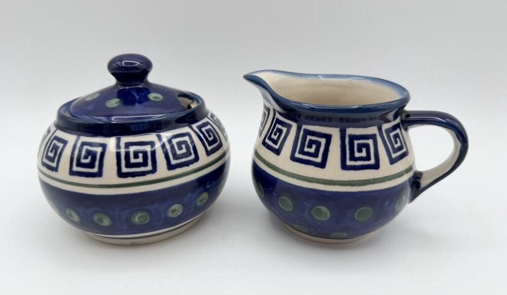 Boleslawiec Polish Pottery Greek Key Creamer & Lidded Sugar Bowl Handmade Poland